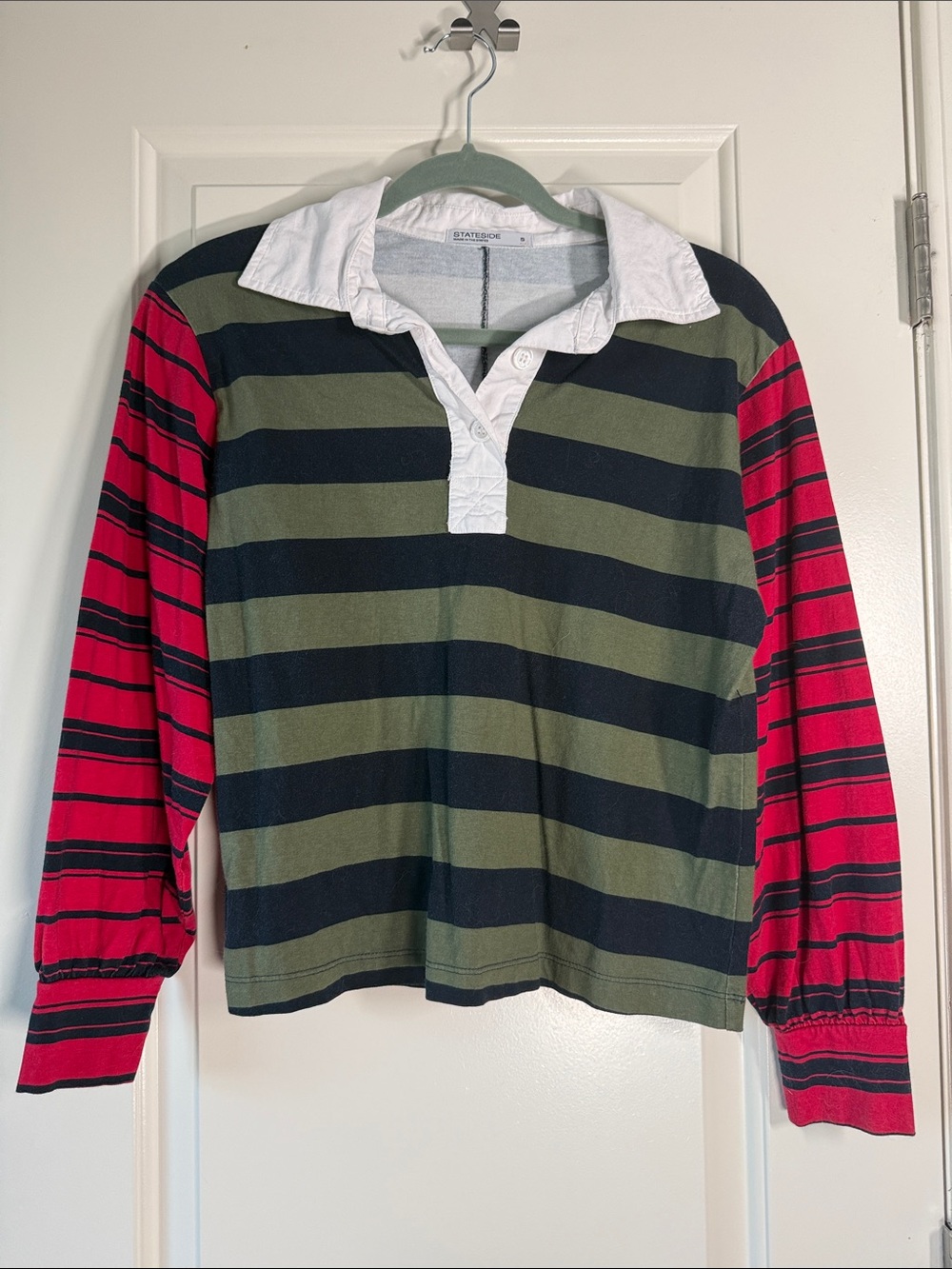 Stateside Striped Rugby Long Sleeve Tee in Olive, Black & Red